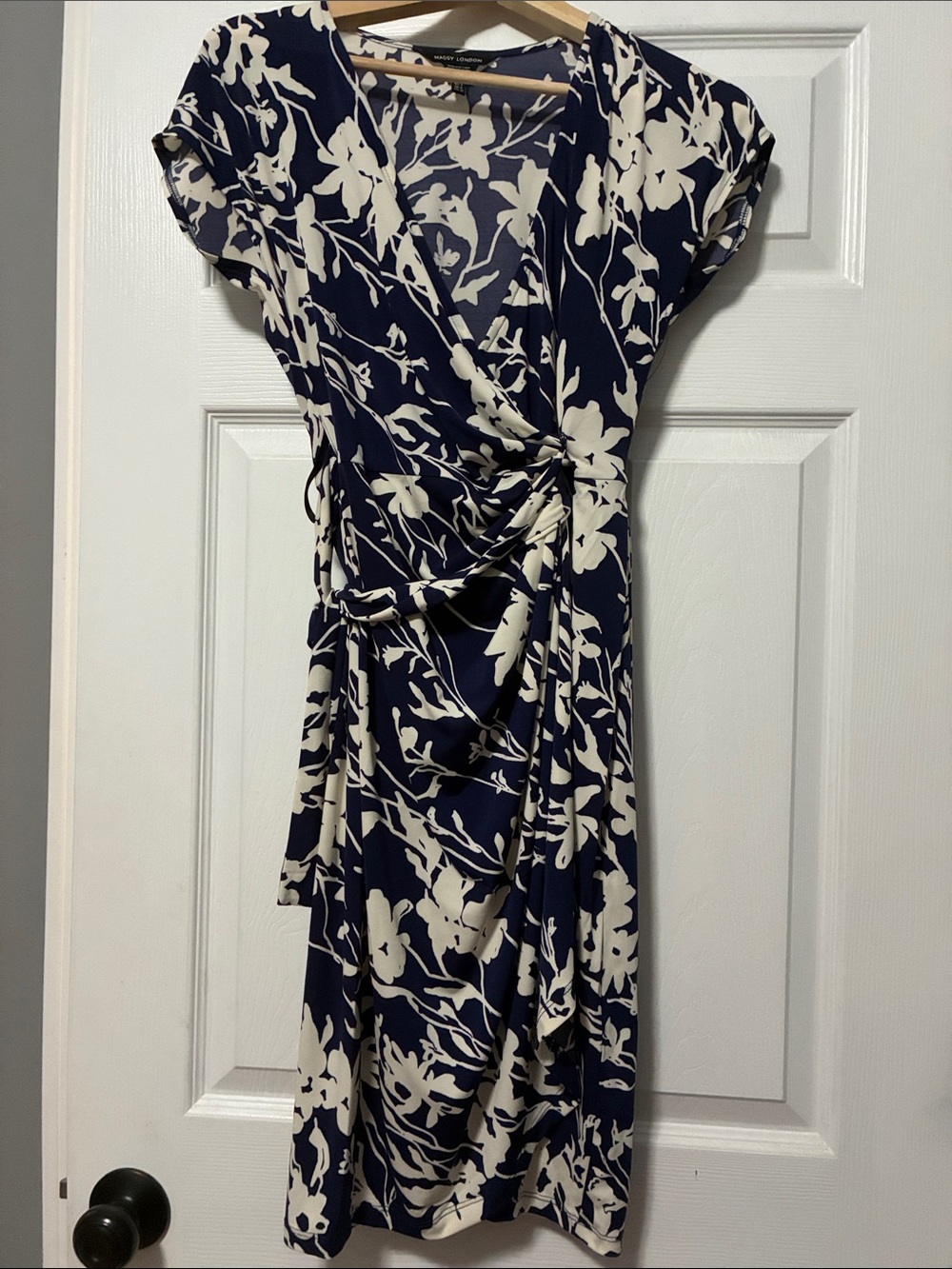 Maggie London Odette Navy and Cream Floral Wrap Dress